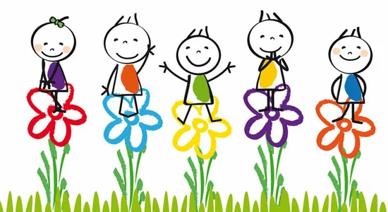 Fröhliche Strichmännchen auf Blumen